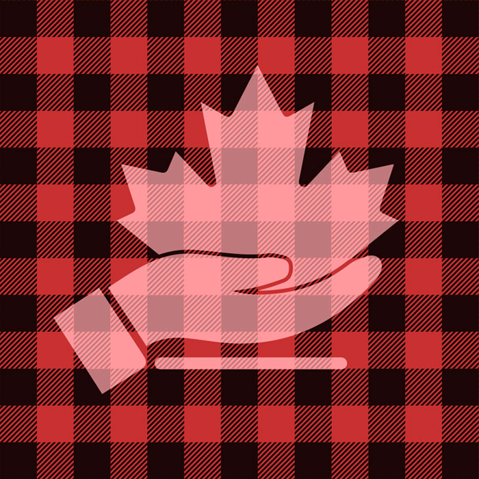 Hand holding a maple leaf on a red and black plaid background, symbolizing support for Canada's frontline initiatives.