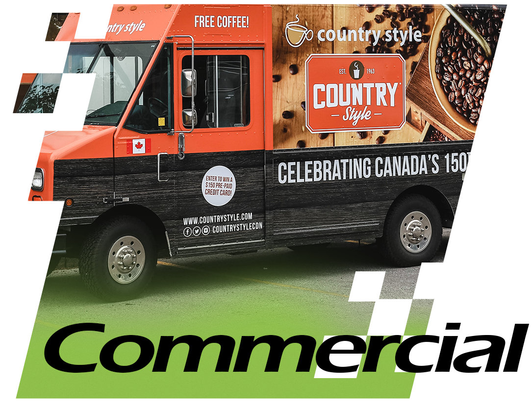 Country Style coffee truck featuring promotional graphics, Canadian flag, and text highlighting free coffee and a contest for a pre-paid credit card, emphasizing branding and marketing for commercial vehicle applications.