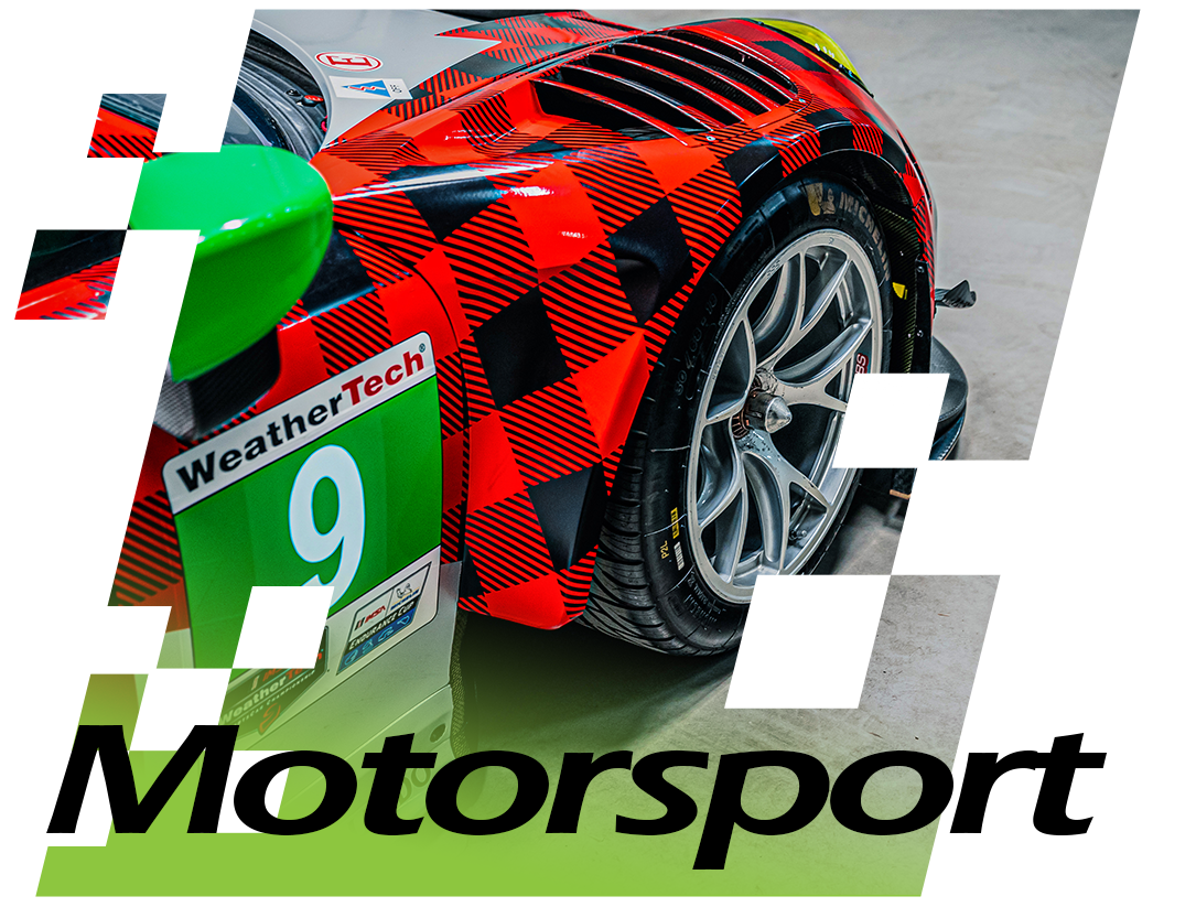 Race-inspired vehicle featuring a striking red and black checkered design, showcasing the WeatherTech logo and number 9, emphasizing automotive protection and styling for motorsport applications.