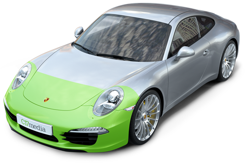 Porsche sports car with a green paint protection film applied to the front section, showcasing C17media branding, emphasizing automotive paint protection solutions.