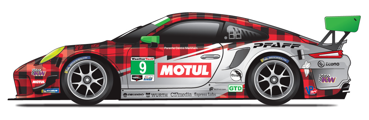 Race car featuring a distinctive plaid livery design, prominently displaying the Motul logo, number 9, and various sponsor decals, representing C17 Auto Armour's expertise in motorsport branding and vehicle customization.