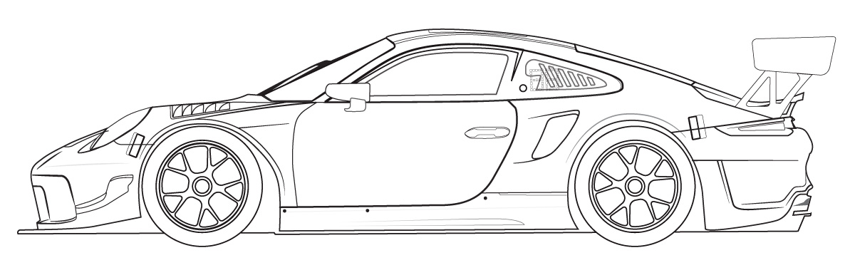 Illustration of a race car profile, showcasing aerodynamic design and detailing, relevant to C17 Auto Armour's expertise in race liveries and automotive customization for motorsport enthusiasts.