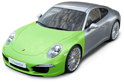 Porsche sports car with a green and silver paint protection film, showcasing XPEL PPF features and C17media branding.