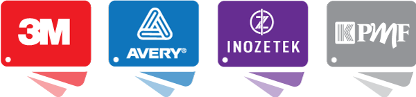 Logos of vehicle wrap film brands: 3M, Avery, Inozetek, and PMF, showcasing options for automotive customization.